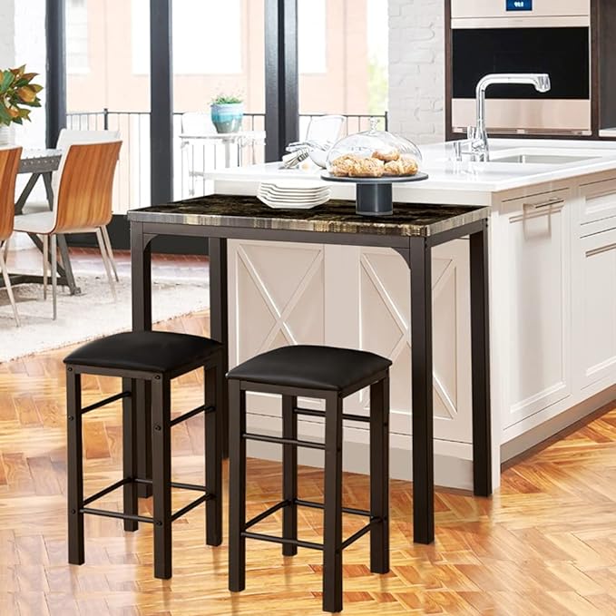 VECELO Dining Table 2 Stools, Counter Height for Kitchen, Living Room, Small Apartment, 3-Piece Set, Brown - LeafyLoom