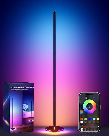 Corner Floor Lamp with Illuminated Base, RGB LED Corner Lamp with Remote Control, Dimmable DIY Modern Floor Lamp with Music Sync, Color Changing Standing Floor Lamp for Living Room Game Room - LeafyLoom