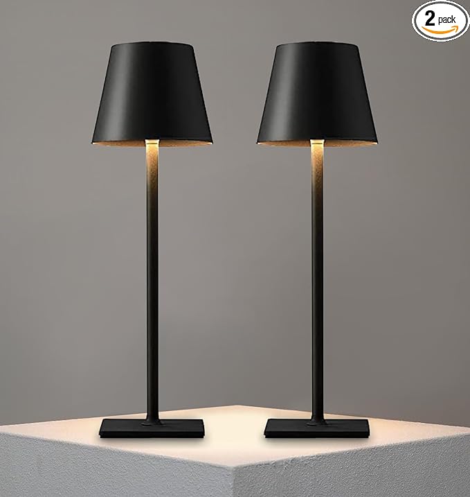 2 Pack Cordless Table lamp, 5200mAh Battery Operated Lamp,3 Color Stepless Dimming Desk Lamp,IP54 Waterproof Outdoor Table Lamps for Restaurant/Bedroom/Bars/Camping/Cafe Night Light (Black-2) - LeafyLoom