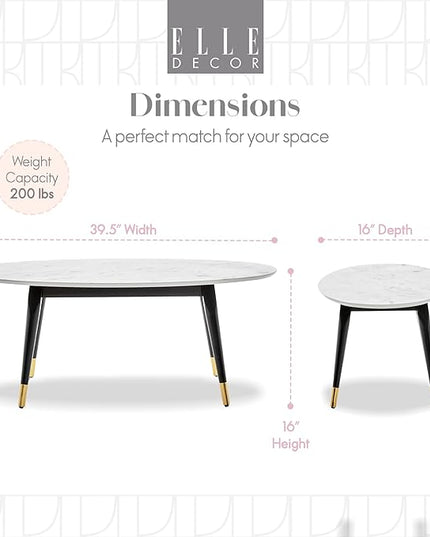 Elle Decor Clemintine Mid-Century Modern Living Room Furniture Collection, Oval Coffee Table, White Marble Print - LeafyLoom