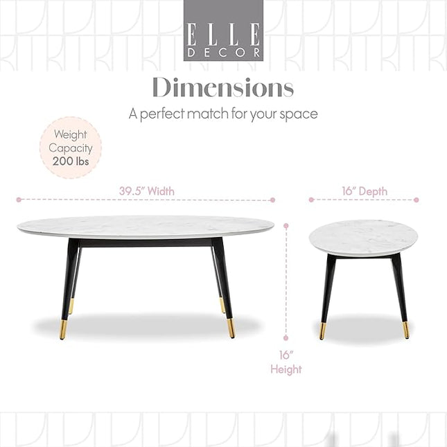 Elle Decor Clemintine Mid-Century Modern Living Room Furniture Collection, Oval Coffee Table, White Marble Print - LeafyLoom