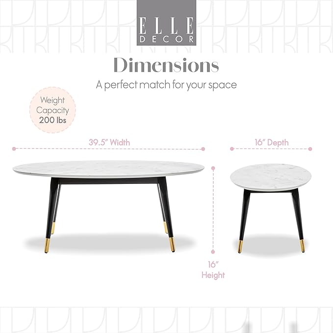 Elle Decor Clemintine Mid-Century Modern Living Room Furniture Collection, Oval Coffee Table, White Marble Print - LeafyLoom