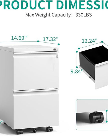 2 Drawer Mobile File Cabinet with Lock,Under Desk Metal Filing Cabinet for Home Office, Metal Small Rolling File Cabinet with 2 Keys for Legal/Letter/A4 Size Fully Assembled Except Wheels (White) - LeafyLoom