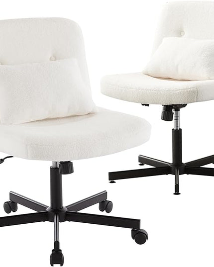 Boucle Criss Cross Armless Home Office Chair with Replaceable Wheels/Fixed Base and Back Support for Living Room, Wide Seat Adjustable Legged Swivel Chair, Comfy Computer Chair for Vanity, White - LeafyLoom
