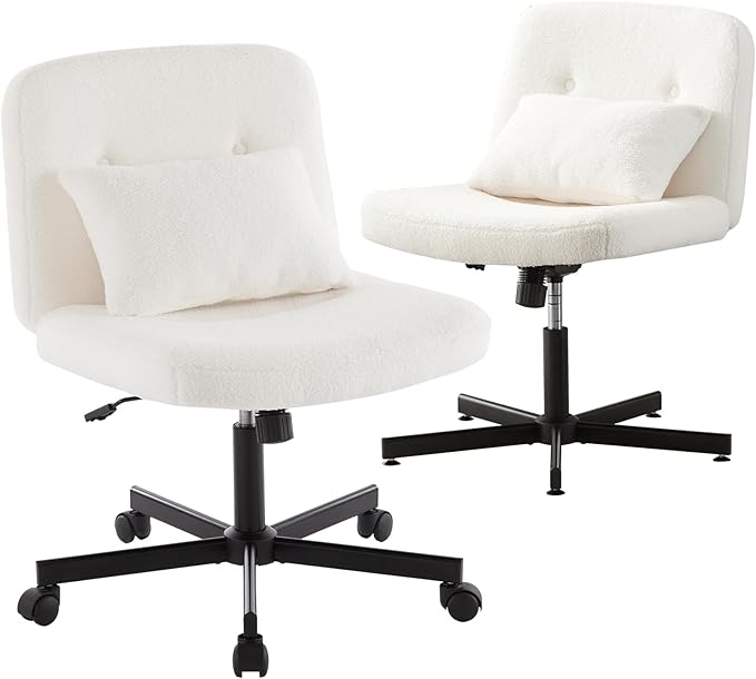 Boucle Criss Cross Armless Home Office Chair with Replaceable Wheels/Fixed Base and Back Support for Living Room, Wide Seat Adjustable Legged Swivel Chair, Comfy Computer Chair for Vanity, White - LeafyLoom