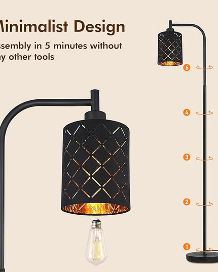 Floor Lamp for Bedroom, LED Floor Lamps for Living Room with 6W LED Bulb, Foot Switch, Farmhouse Modern Standing Lamps for Bedroom with Decorative Cutout Lampshade, Arc Vintage Stand up Light, Black - LeafyLoom