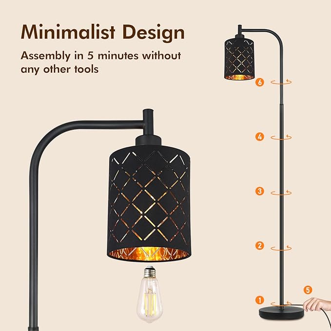 Floor Lamp for Bedroom, LED Floor Lamps for Living Room with 6W LED Bulb, Foot Switch, Farmhouse Modern Standing Lamps for Bedroom with Decorative Cutout Lampshade, Arc Vintage Stand up Light, Black - LeafyLoom