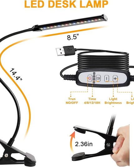 Desk Lamp for Office Home, 5W USB Amber LED Clip on Light, Flexible Gooseneck Clamp Light, 5 Brightness Levels, 4/8/12/18H Auto Timer, Eye-Caring Desk Light for Bedside Office,1600K Color (Metal) - LeafyLoom