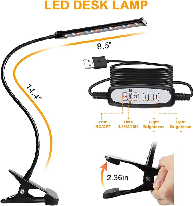 Desk Lamp for Office Home, 5W USB Amber LED Clip on Light, Flexible Gooseneck Clamp Light, 5 Brightness Levels, 4/8/12/18H Auto Timer, Eye-Caring Desk Light for Bedside Office,1600K Color (Metal) - LeafyLoom
