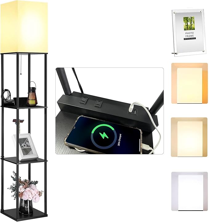 NUNET Smart LED Floor Lamp with Shelves 3 Color Temperature Light & Dimmable App Controlled Wi-Fi Bulb w. 3 Level Shelves & Cellphone/Photo Frame Stand for Bedroom Living Room Corner etc. (Black) - LeafyLoom