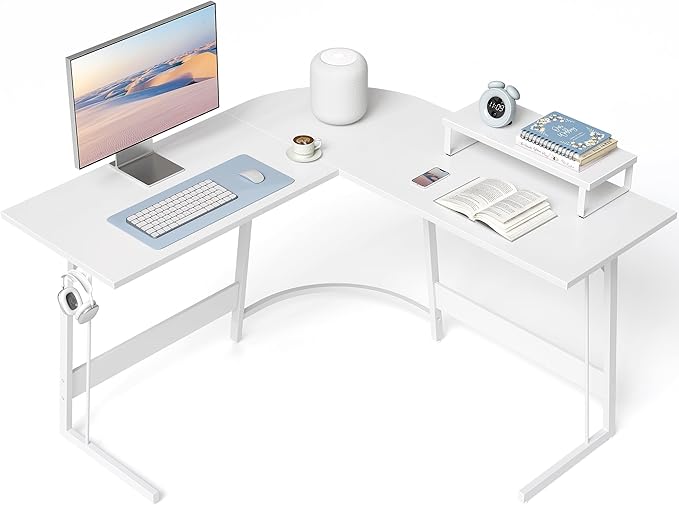 BANTI L Shaped Gaming Computer Office Desk, 47" Corner Desk with Monitor Stand for Home Office Study Writing Workstation, White - LeafyLoom