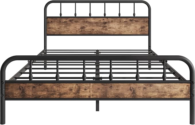 Black Queen Bed Frame with Wood Headboard,Metal Platform Bed Frames,No Box Spring Needed,Easy Assembly Rustic Brown - LeafyLoom