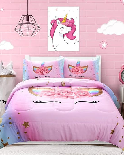 Unicorn Comforter Set Rainbow Soft Girls Unicorn Bedding with 1 Comforter 2 Pillowcases Pink Flower Unicorn Bedding Sets for Girls Twin Size - LeafyLoom