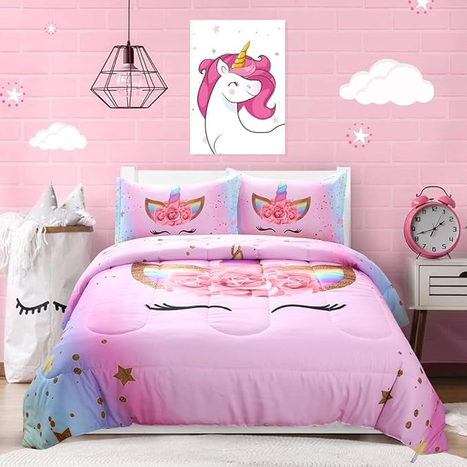 Unicorn Comforter Set Rainbow Soft Girls Unicorn Bedding with 1 Comforter 2 Pillowcases Pink Flower Unicorn Bedding Sets for Girls Twin Size - LeafyLoom
