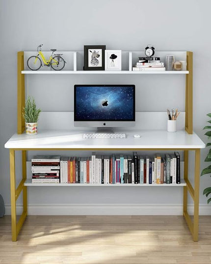 Tribesigns Computer Desk with Hutch, 47 inches Home Office Desk with Space Saving Design with Bookshelf for Small Spaces (White &gold, 47) - LeafyLoom