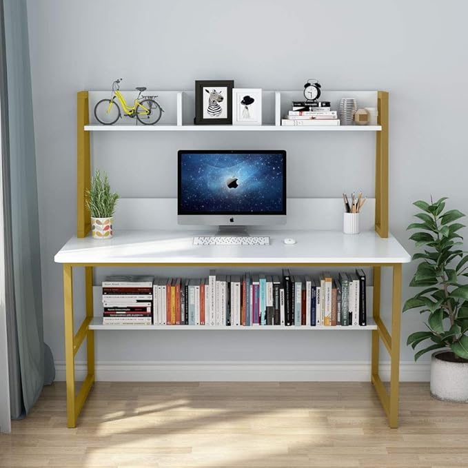 Tribesigns Computer Desk with Hutch, 47 inches Home Office Desk with Space Saving Design with Bookshelf for Small Spaces (White &gold, 47) - LeafyLoom