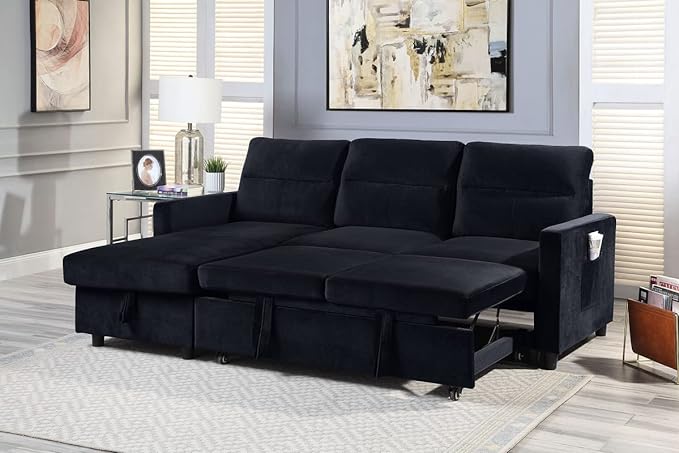 Reversible Velvet Sectional Sofa Sleeper with Storage Chaise and Side Pocket, Convertible Pull Out Couch Bed w/Cup Holder, USB Charging Port, Black, 81.5 - LeafyLoom