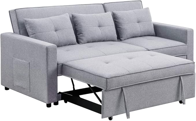 80'' L-Shape Convertible Sleeper Sectional Sofa with Pull-Out Recliner and Bed, Side Pocket, Linen Corner 3 Person Couch for Home Furniture, Living Room, Apartment, Dorm, Light Grey, 80" - LeafyLoom