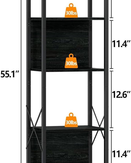 Furologee 5 Tier Tall Bookshelf with Back, Industrial Narrow Bookcase, Display Standing Shelf Units, Metal and Wood Storage Corner Shelves Organizer for Bedroom, Living Room, Entryway, Kitchen, Black - LeafyLoom