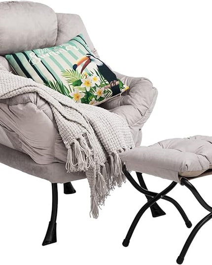 HollyHOME Fabric Lazy Chair with Foldable Ottoman, Accent Comfy Lounge Arm Chair and Folding Footrest Stool Set, Leisure Sofa Reading Chair and Footstool for Living Room, Bedroom, Dorm, Grey - LeafyLoom