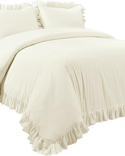 Lush Decor Reyna Ruffle 100% Cotton Duvet Cover Set - 3 Piece Cozy Ruffled Bedding Set - Timeless Elegance and Comfort - Full/ Queen, Ivory - LeafyLoom