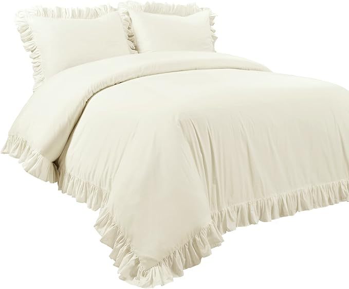Lush Decor Reyna Ruffle 100% Cotton Duvet Cover Set - 3 Piece Cozy Ruffled Bedding Set - Timeless Elegance and Comfort - Full/ Queen, Ivory - LeafyLoom