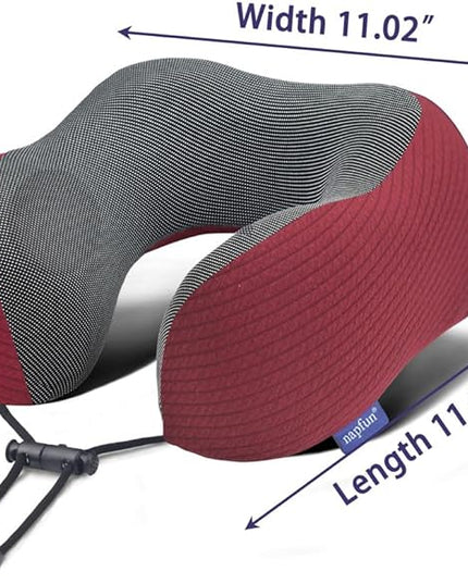 napfun Neck Pillow for Traveling, Upgraded Travel Neck Pillow for Airplane 100% Pure Memory Foam Travel Pillow for Flight Headrest Sleep, Portable Plane Accessories, Wine-Red Set, Medium (120-200LB) - LeafyLoom