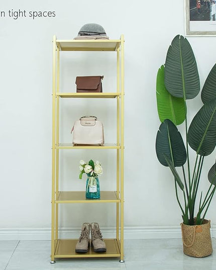 Gold Shelf, Gold Bookcase, 5-Tier Bookshelf Shoe Purse Handbag Rack Shelving Unit Etagere Tall Narrow Metal Corner Shelf Boutique Display Storage Retail Commercial Stand(19.7x15.7x63) - LeafyLoom