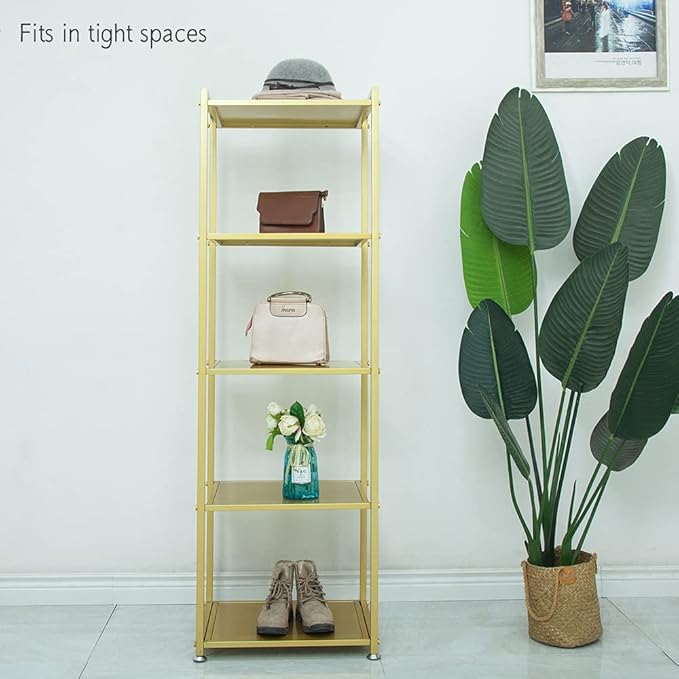 Gold Shelf, Gold Bookcase, 5-Tier Bookshelf Shoe Purse Handbag Rack Shelving Unit Etagere Tall Narrow Metal Corner Shelf Boutique Display Storage Retail Commercial Stand(19.7x15.7x63) - LeafyLoom