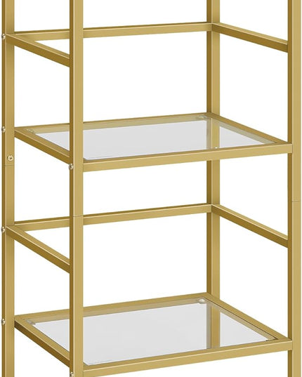 HOOBRO 3-Tier Bookcase, Tempered Glass Bookshelves, Record Storage Rack with Side Fence, Storage Shelves for Bathroom, Slim Shelving Unit for for Living Room, Home Office, Gold GD81CJ01 - LeafyLoom