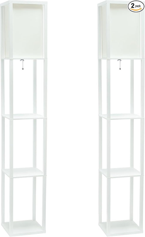 Simple Designs LF1014-WHT-2PK Three Shelf Etagere Organizer Storage Floor Lamp 2 Pack Set with White Linen Shade for Living Room, Bedroom, Office, Hallway, White - LeafyLoom