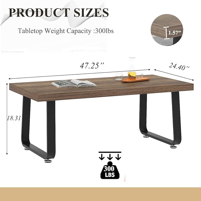 HSH Wood Coffee Table, Farmhouse Minimalist Center Table, Industrial Wooden and Metal Legs Living Room Table, Modern Simple Rectangular Cocktail Tea Table for Bedroom Home Office, Rustic Oak, 47 Inch - LeafyLoom