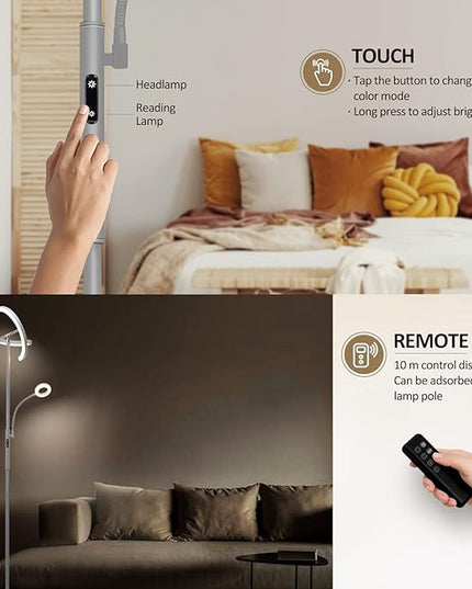 FIMEI Split Floor Lamp with Reading Light, Modern Bright LED Rotatable Standing Lamp with Stepless Dimming and 3000K-6000K Color for Living Room Bedroom Office, Touch and Remote Control, Gray - LeafyLoom