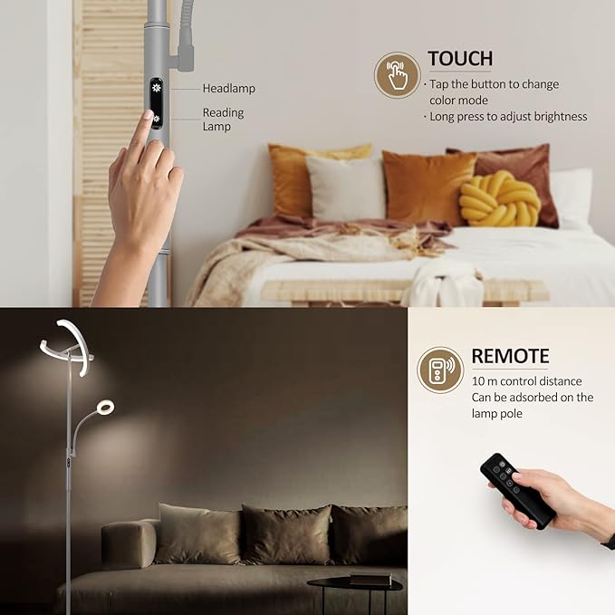 FIMEI Split Floor Lamp with Reading Light, Modern Bright LED Rotatable Standing Lamp with Stepless Dimming and 3000K-6000K Color for Living Room Bedroom Office, Touch and Remote Control, Gray - LeafyLoom