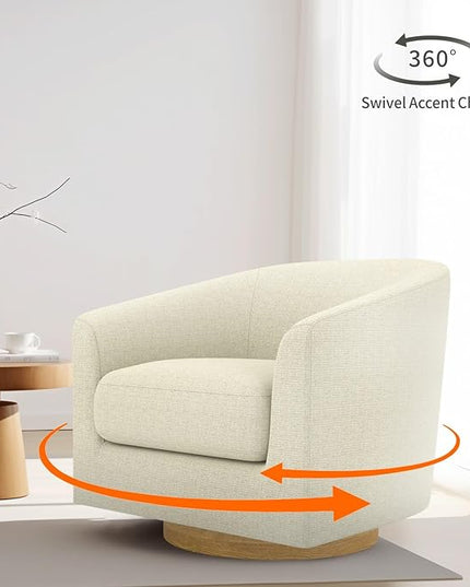 MUUEGM Accent Chair with Arms, 360 Degree Swivel Accent Chair with Wood Base, Modern Barrel Chair for Living Room, Bedroom, Waiting Room, Fully Assembled,Performance Fabric in Gesso White - LeafyLoom