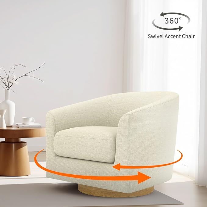 MUUEGM Accent Chair with Arms, 360 Degree Swivel Accent Chair with Wood Base, Modern Barrel Chair for Living Room, Bedroom, Waiting Room, Fully Assembled,Performance Fabric in Gesso White - LeafyLoom
