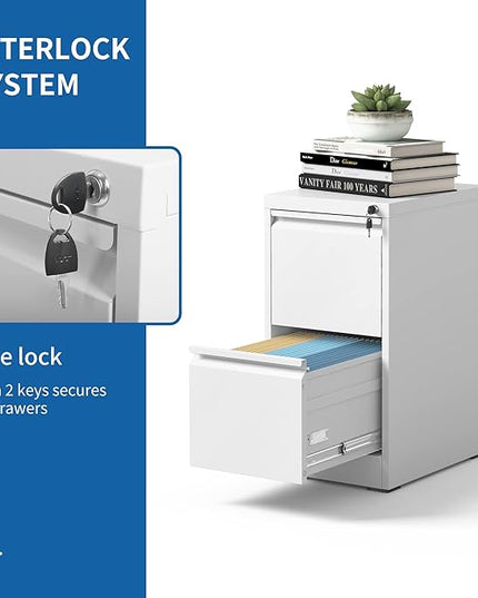 Vertical File Cabinet with Drawer, 2 Drawer File Cabinet with Lock, Filing Cabinets for Home Office, Hanging Files for A4/ Legal/Letter, White - LeafyLoom