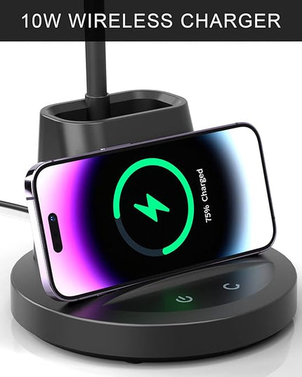 Desk Lamp with Wireless Charger, LED Desk Lamp for Home Office with Pen Holder, Dimmable Eye-Caring Study Desk Light Flexible Arm 3 Color Modes for College Dorm, 800 Lumens CRI 90 - LeafyLoom