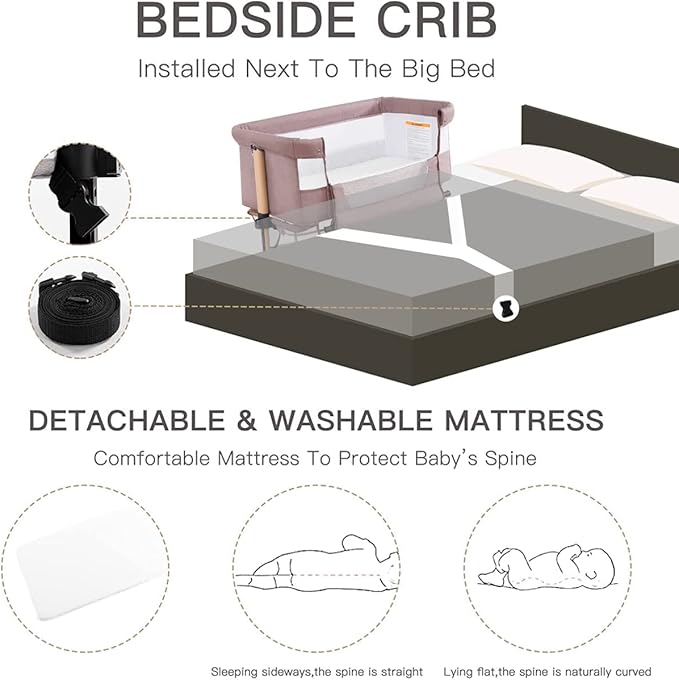 Baby Crib,3 in 1 Baby Bassinet Bedside Crib Adjustable Portable Bed for Infant,Baby Newborn Must Have Bed,Khaki - LeafyLoom