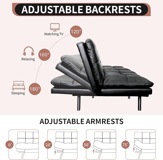 MUUEGM Futon Sofa Bed Convertible Memory Foam Sleeper Couch,Modern Faux Leather Loveseat for Living Room,Small Compact Space,Dorm,Office,Adjustable Armrests Backrest Sofabed, Black - LeafyLoom