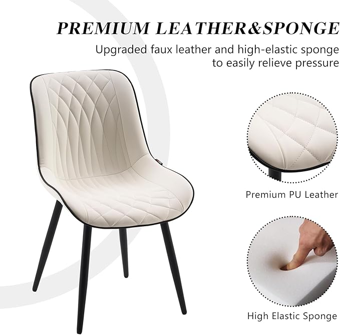 YOUNIKE White Dining Chairs set of 2 with High Backs Mid Century Modern Kitchen & Dining Room Chairs PU Faux Leather Upholstered sillas de comedor Comfortable Large Padded Accent Chair with Metal Legs - LeafyLoom