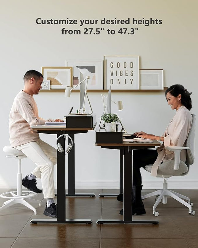 BANTI 55"x 26" Electric Standing Desk with Glass Top Monitor Stand, Adjustable Sit Stand Up Table with Double Drawer, Sit Stand Desk with Storage Shelf, Black Walnut Top - LeafyLoom