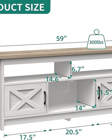 YITAHOME TV Stand for 65 Inch TV with Power Outlet, Farmhouse TV Media Console Table with Storage Cabinets and Open Shelf, Mid Century Modern Entertainment Center for Living Room, Grey White/Grey Wash - LeafyLoom