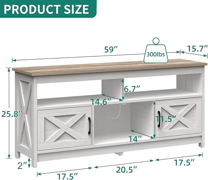 YITAHOME TV Stand for 65 Inch TV with Power Outlet, Farmhouse TV Media Console Table with Storage Cabinets and Open Shelf, Mid Century Modern Entertainment Center for Living Room, Grey White/Grey Wash - LeafyLoom