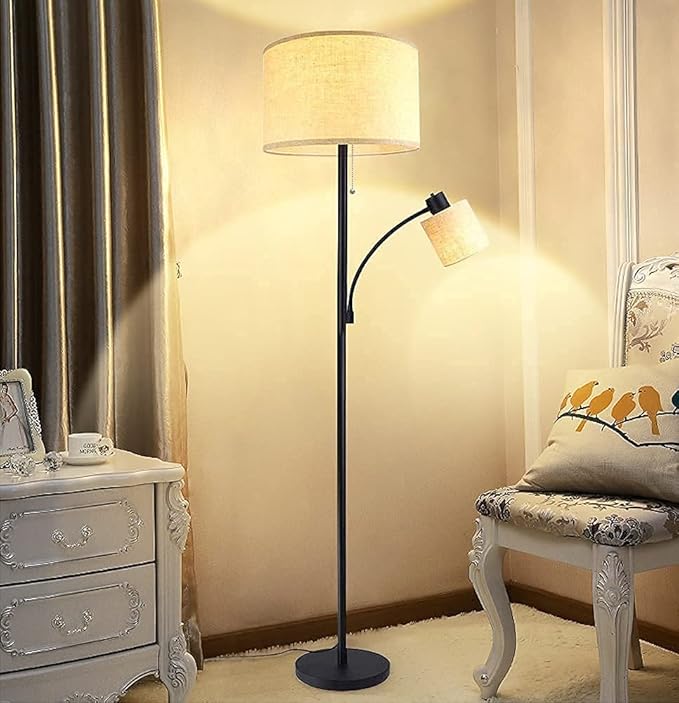 DLLT Living Room Standing Floor Lamps for Reading, Modern Tall Pole Lamp for Contemporary Home with Adjustable Side Light, Mid-Century Industrial Lighting with Drum Shade for Bedroom, Office, Metal - LeafyLoom