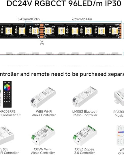 BTF-LIGHTING RGBCCT 5 Colors in 1 LED Tape Lights 5050SMD RGBWW RGB+Dimmable Color Temperature 2700K-6500K 16.4ft 96LED/m 480LED IP30 DC24V Black PCB for Home Decoration(No Adapter or Controller) BTF-LIGHTING