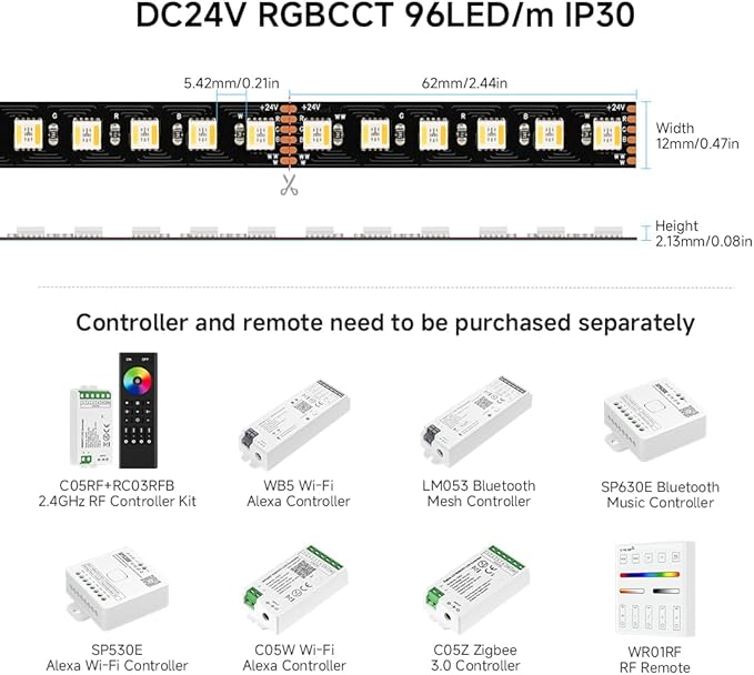 BTF-LIGHTING RGBCCT 5 Colors in 1 LED Tape Lights 5050SMD RGBWW RGB+Dimmable Color Temperature 2700K-6500K 16.4ft 96LED/m 480LED IP30 DC24V Black PCB for Home Decoration(No Adapter or Controller) BTF-LIGHTING