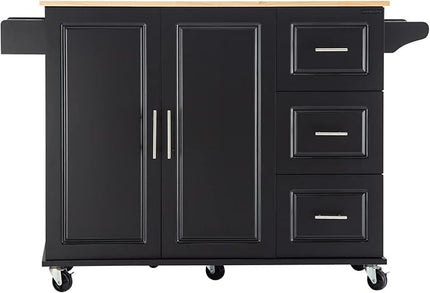 Mobile Kitchen Island with Extensible Rubber Wood Table Top,Adjustable Shelf Inside, Cabinets Cart w/ 3 Storage Drawers,Spice Towel-Rack,for Dining Room Bar,Black, 53.93" L x 17" W x 36.22" H - LeafyLoom