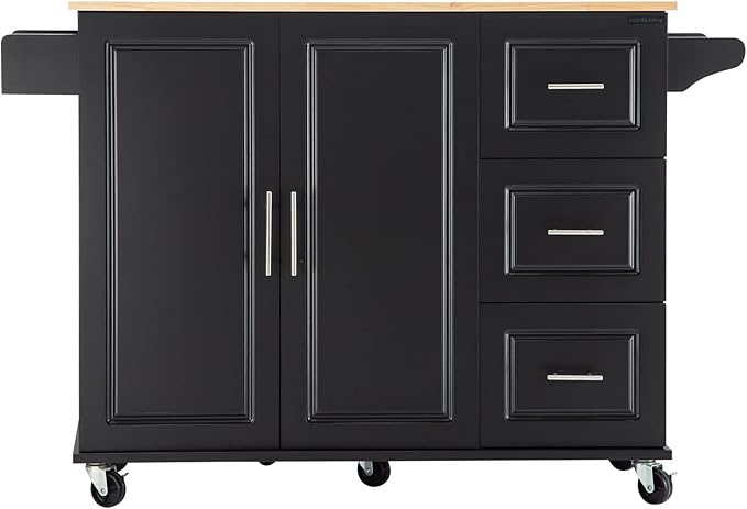Mobile Kitchen Island with Extensible Rubber Wood Table Top,Adjustable Shelf Inside, Cabinets Cart w/ 3 Storage Drawers,Spice Towel-Rack,for Dining Room Bar,Black, 53.93" L x 17" W x 36.22" H - LeafyLoom