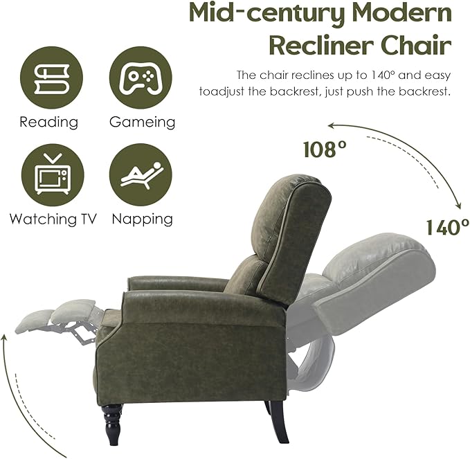 STARY Faux Leather Pushback Recliner Chair for Living Room Bedroom RV, Dark Green - LeafyLoom